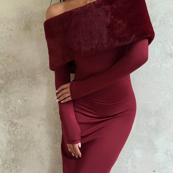 Burgundy Party Women's Luxury Faux Fur Collar Bodycon Backless Slit Dress - Picture 4 of 6